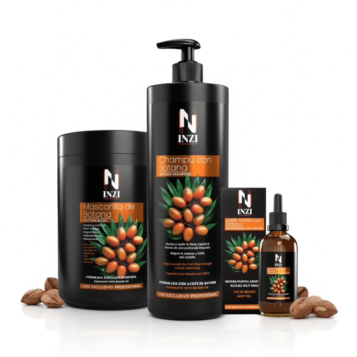 INZI Pack Capilar con Aceite de Batana – Champú 1000 ml, Mascarilla y Aceite Nutritivo | Limpieza, hidratación y reparación completa para cabello seco, dañado o quebradizo